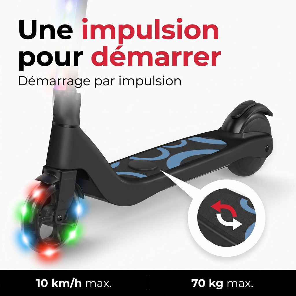 Trottinette Électrique Enfant REVO Lumio 45 – 45 W – Jusqu’à 10 km/h – Autonomie 4 km – LED Multicolores – Guidon Réglable