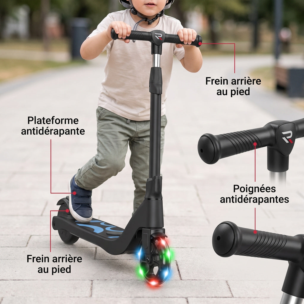 Trottinette Électrique Enfant REVO Lumio 45 – 45 W – Jusqu’à 10 km/h – Autonomie 4 km – LED Multicolores – Guidon Réglable