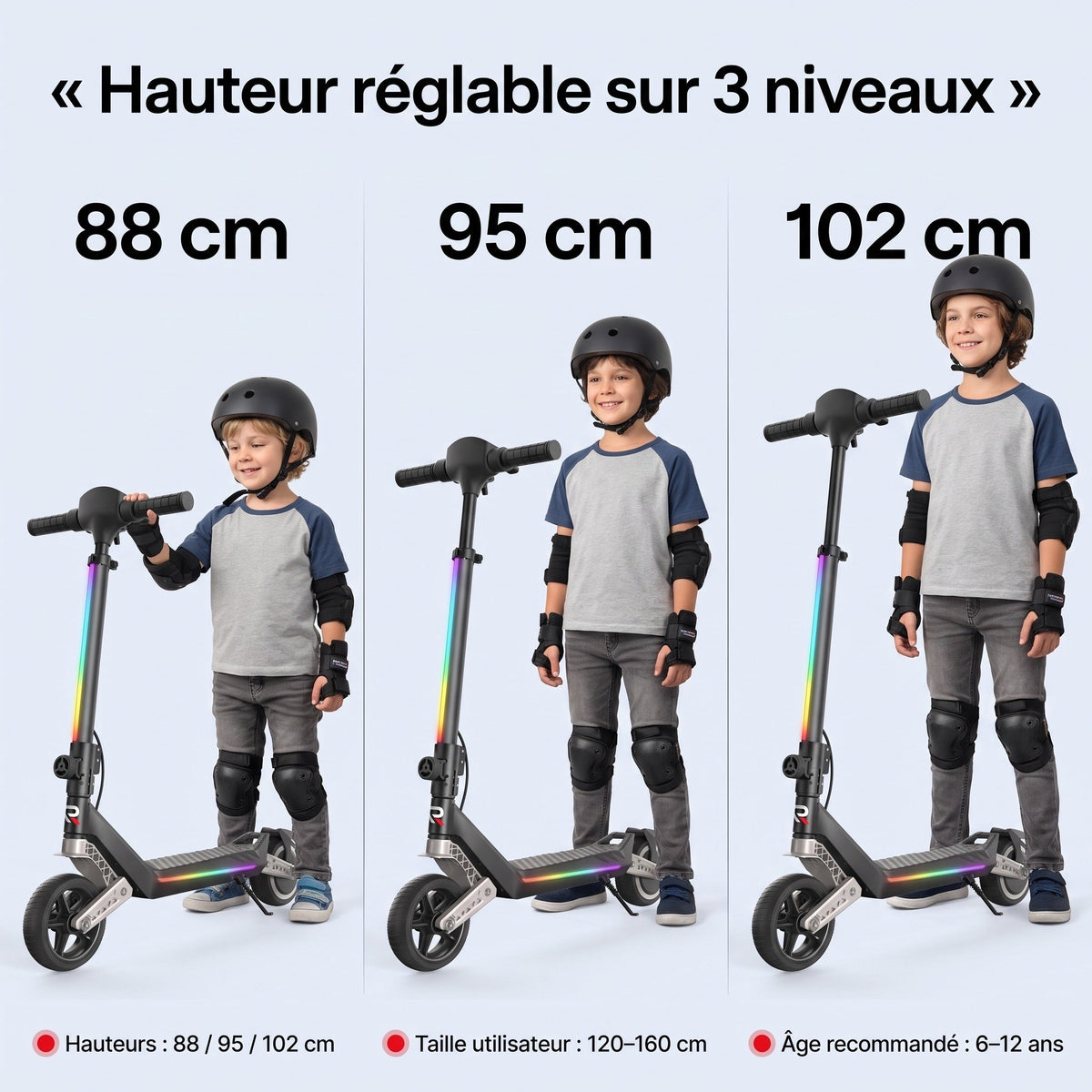 Trottinette Électrique Enfant REVO MiniPulse 16 – 6 à 12 Ans – 5/10/16 km/h – Autonomie 9 km – Double Suspension – Bluetooth & LED