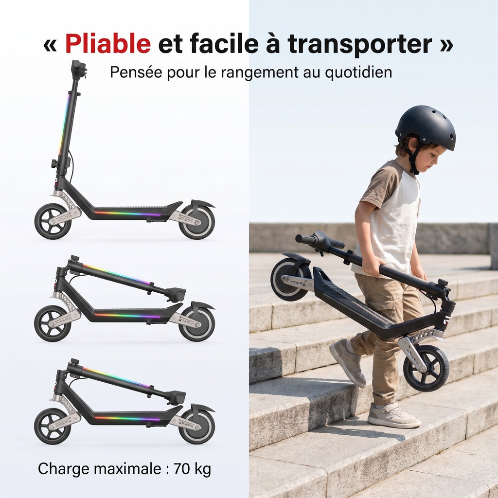 Trottinette Électrique Enfant REVO MiniPulse 16 – 6 à 12 Ans – 5/10/16 km/h – Autonomie 9 km – Double Suspension – Bluetooth & LED