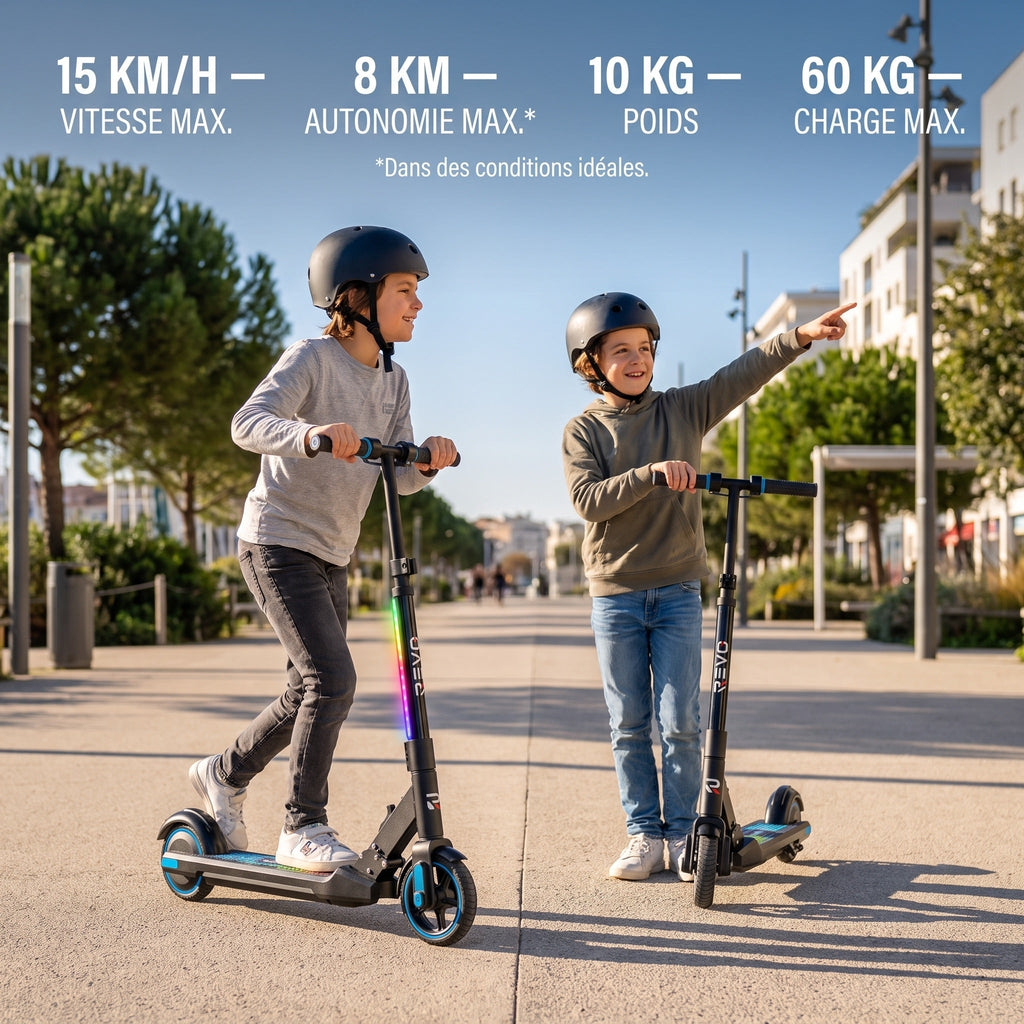 Trottinette Électrique Enfant REVO Spark 15 – 150 W – 3 Vitesses – Jusqu’à 15 km/h – Autonomie 8 km