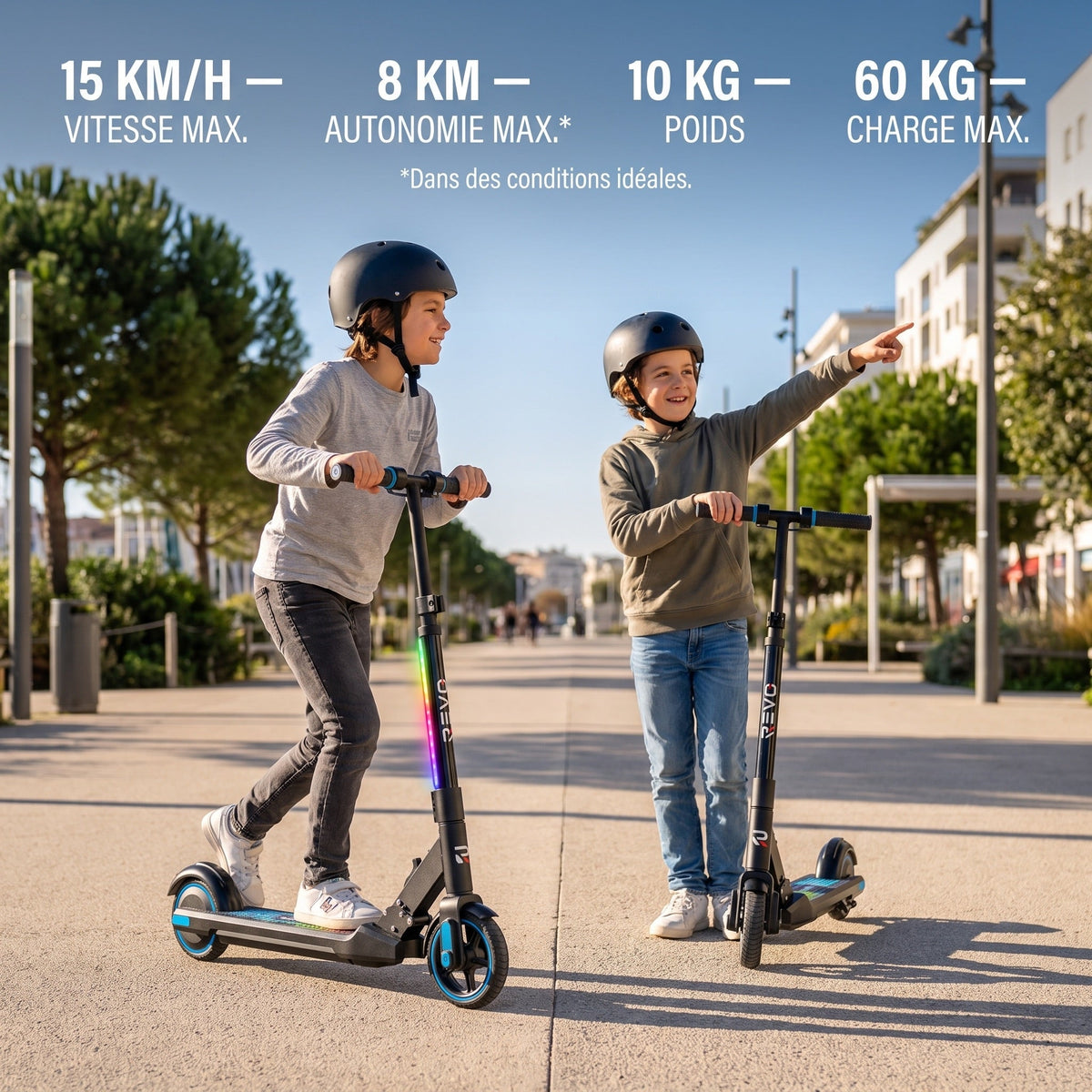 Trottinette Électrique Enfant REVO Spark 15 – 150 W – 3 Vitesses – Jusqu’à 15 km/h – Autonomie 8 km