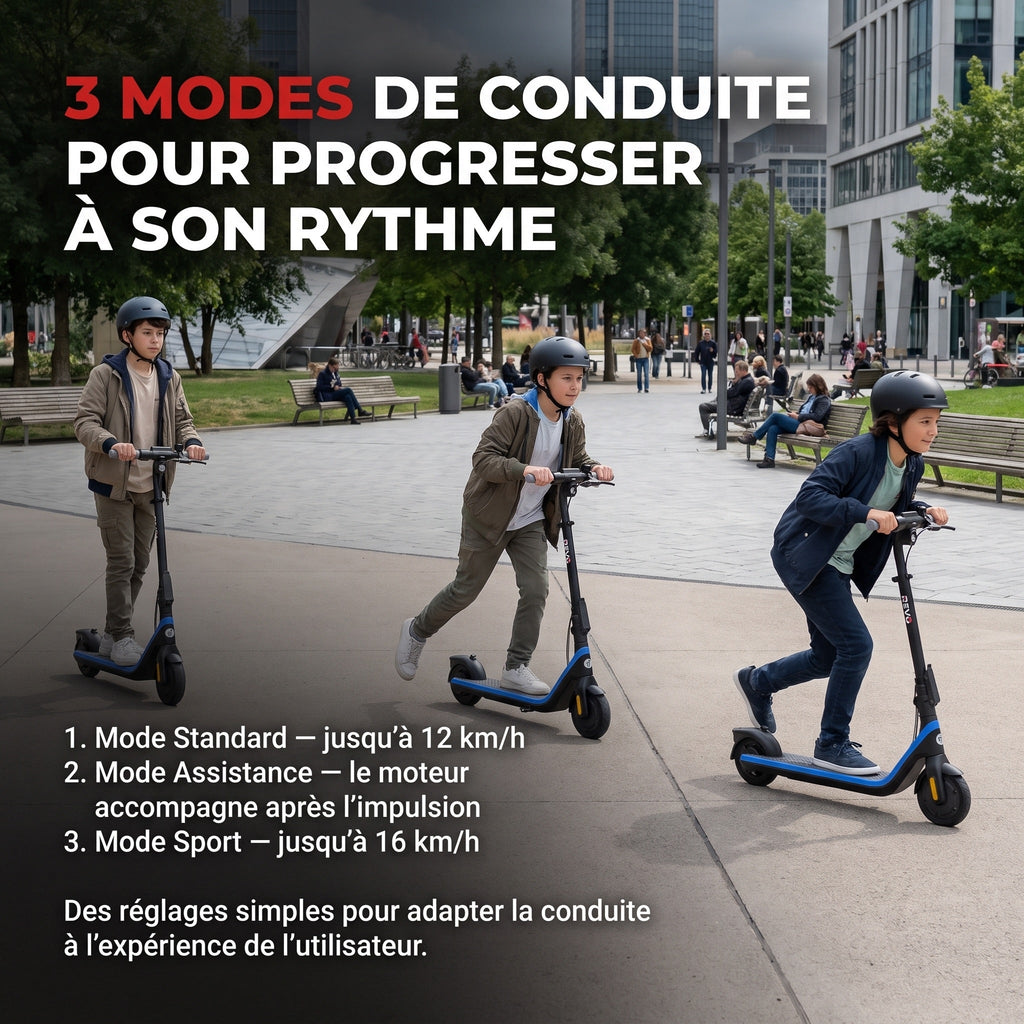 Trottinette Électrique Enfant REVO Kinetik 16 – Jusqu’à 16 km/h – Autonomie jusqu’à 16 km – 3 Modes de Conduite – Guidon Réglable
