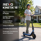 Trottinette Électrique Enfant REVO Kinetik 16 – Jusqu’à 16 km/h – Autonomie jusqu’à 16 km – 3 Modes de Conduite – Guidon Réglable