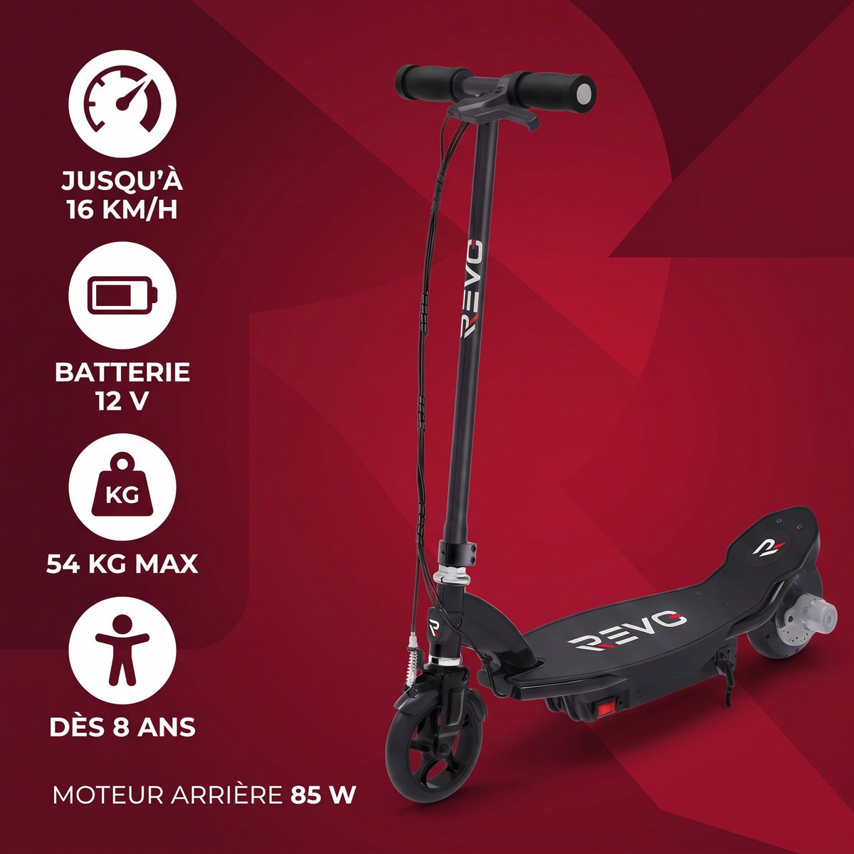 Trottinette Électrique Enfant REVO Junior 85 – 85 W – Jusqu’à 16 km/h – Batterie 12 V – Dès 8 ans