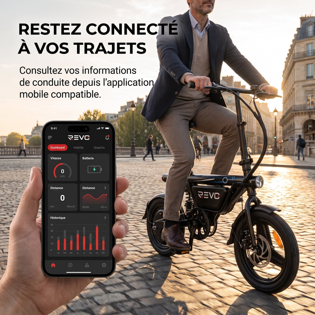Draisienne Électrique Pliable REVO Foldix 14 – 250 W – Batterie 36 V 12 Ah – Autonomie jusqu’à 50 km – Application – Roues 14"