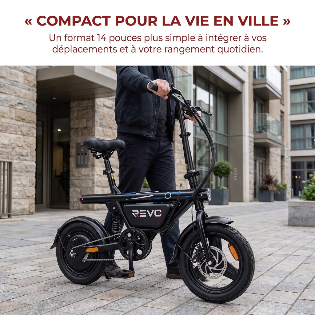 Draisienne Électrique Pliable REVO Foldix 14 – 250 W – Batterie 36 V 12 Ah – Autonomie jusqu’à 50 km – Application – Roues 14"