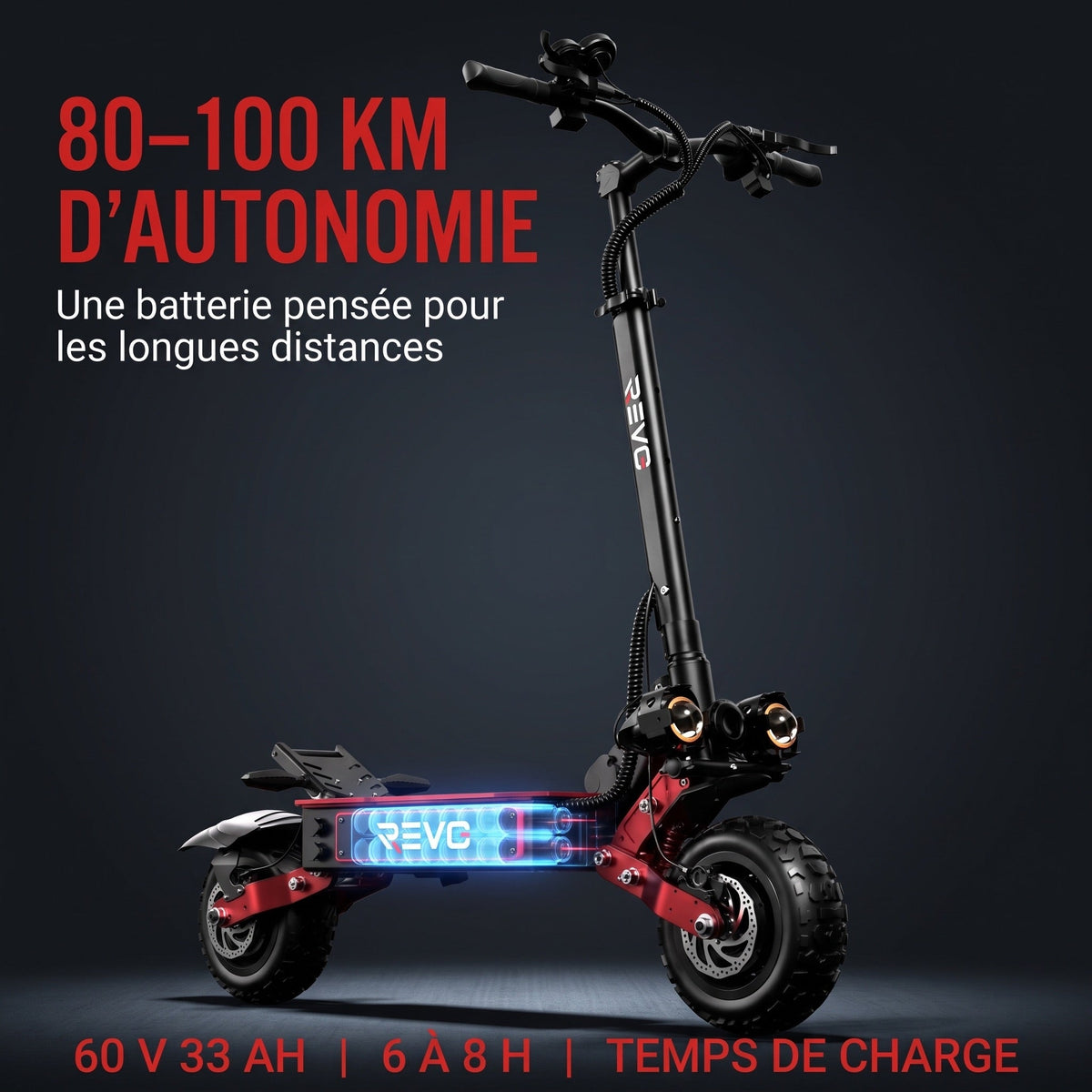 Trottinette Électrique REVO Talon X2 – Double Moteur – Batterie 60 V 33 Ah – Autonomie 80 à 100 km – Pneus Tout-Terrain 11"