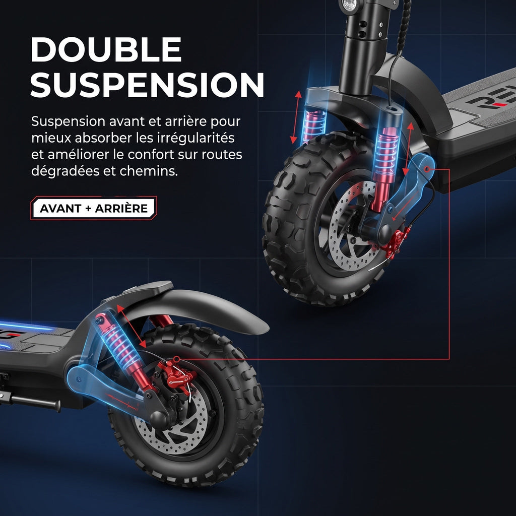 Trottinette Électrique REVO Stride 60 – Autonomie jusqu’à 60 km – Batterie 48 V 15 Ah – Pneus 11″ Tout-Terrain – Double Suspension