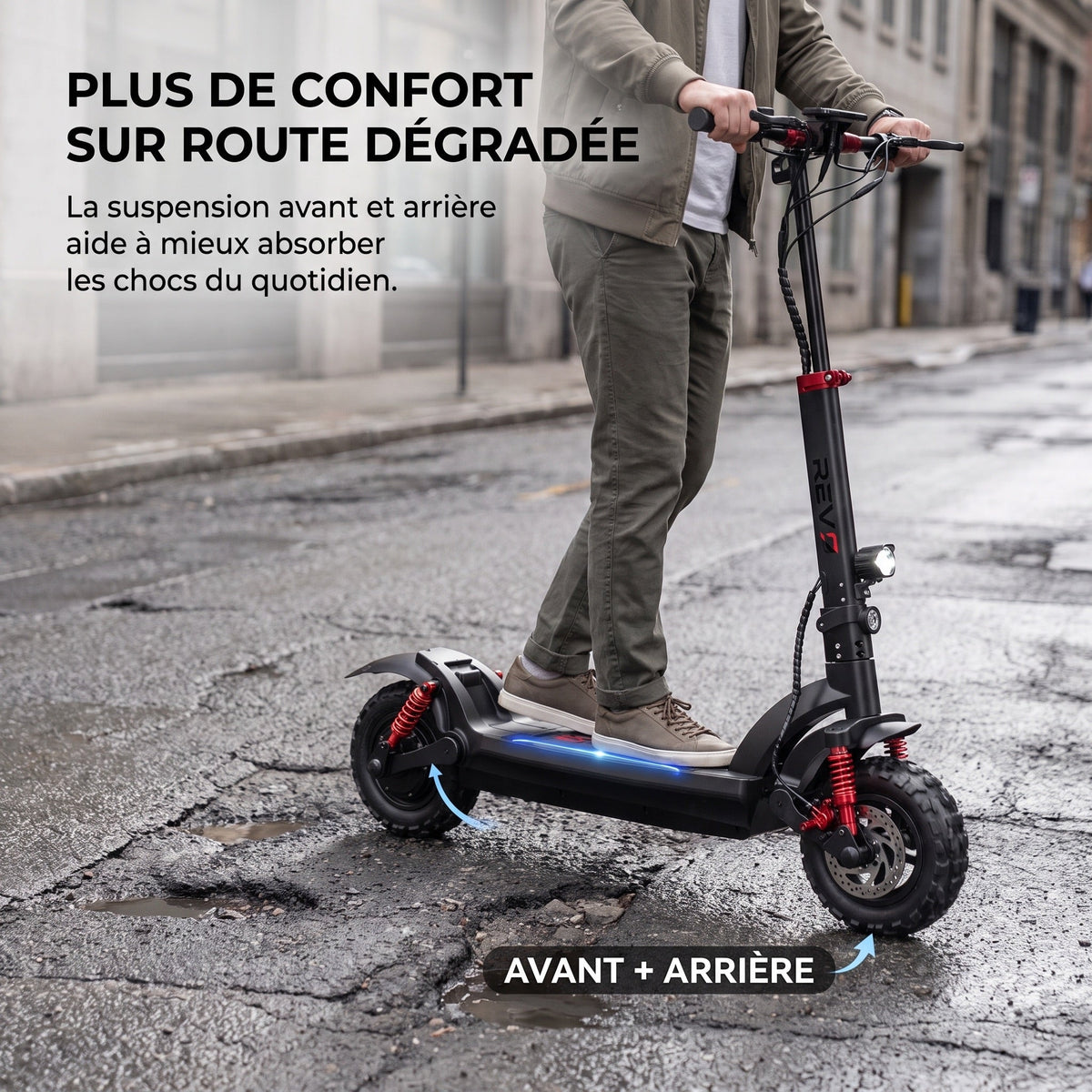 Trottinette Électrique REVO Stride 60 – Autonomie jusqu’à 60 km – Batterie 48 V 15 Ah – Pneus 11″ Tout-Terrain – Double Suspension