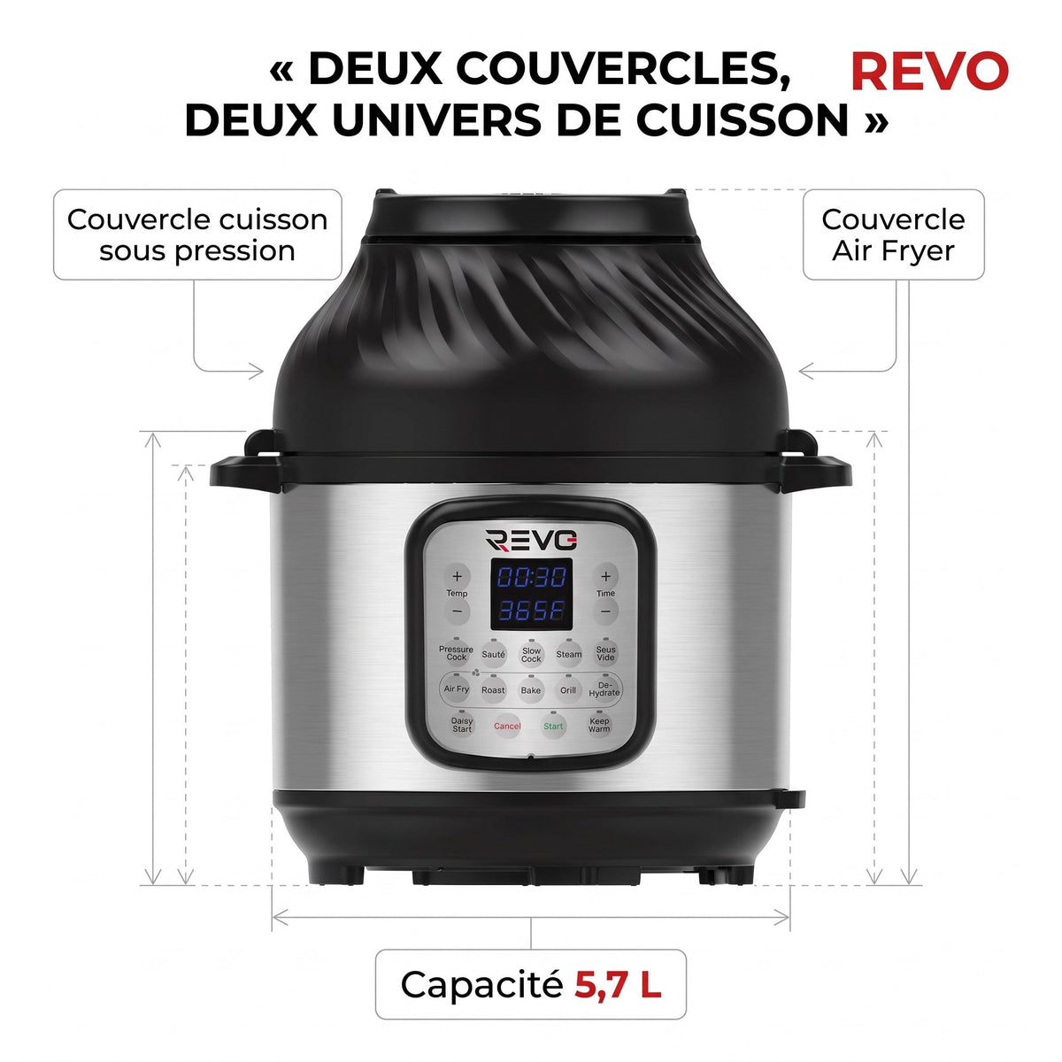 Multicuiseur & Air Fryer REVO Fusion 6 – 5,7 L – 1500 W – 11 Fonctions de Cuisson – Cuisson Sous Pression & Friture à Air