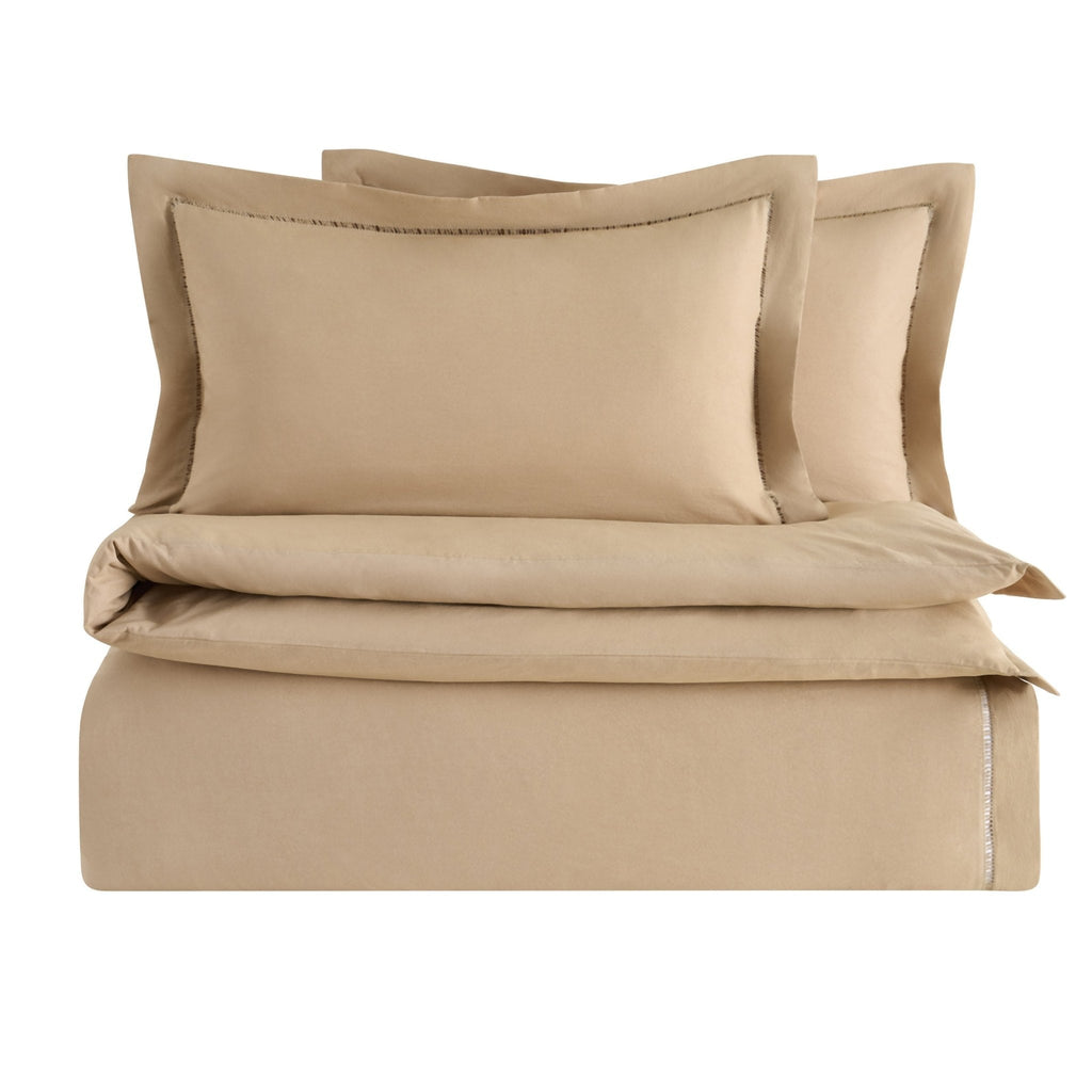 Dusklia - Imogen 100% Cotton Ladder Edge Duvet Cover & Pillowcase Set - Light Taupe