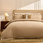 Dusklia - Imogen 100% Cotton Ladder Edge Duvet Cover & Pillowcase Set - Light Taupe