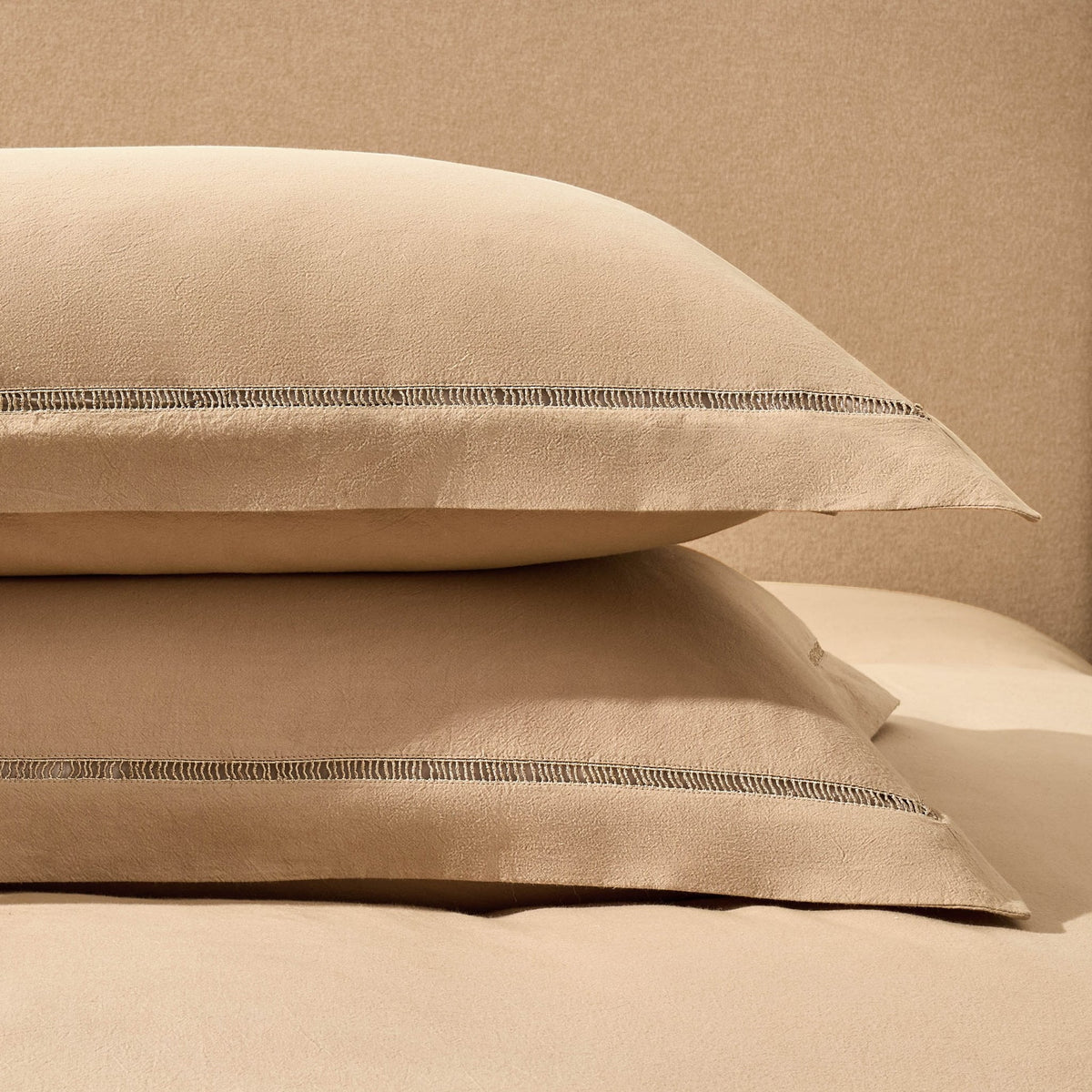 Dusklia - Imogen 100% Cotton Ladder Edge Duvet Cover & Pillowcase Set - Light Taupe
