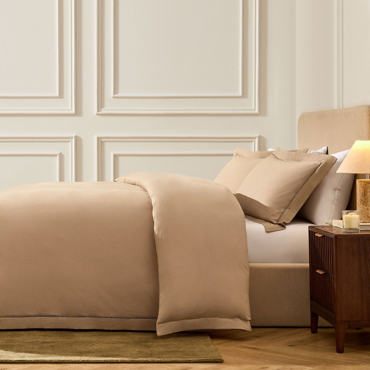 Dusklia - Imogen 100% Cotton Ladder Edge Duvet Cover & Pillowcase Set - Light Taupe