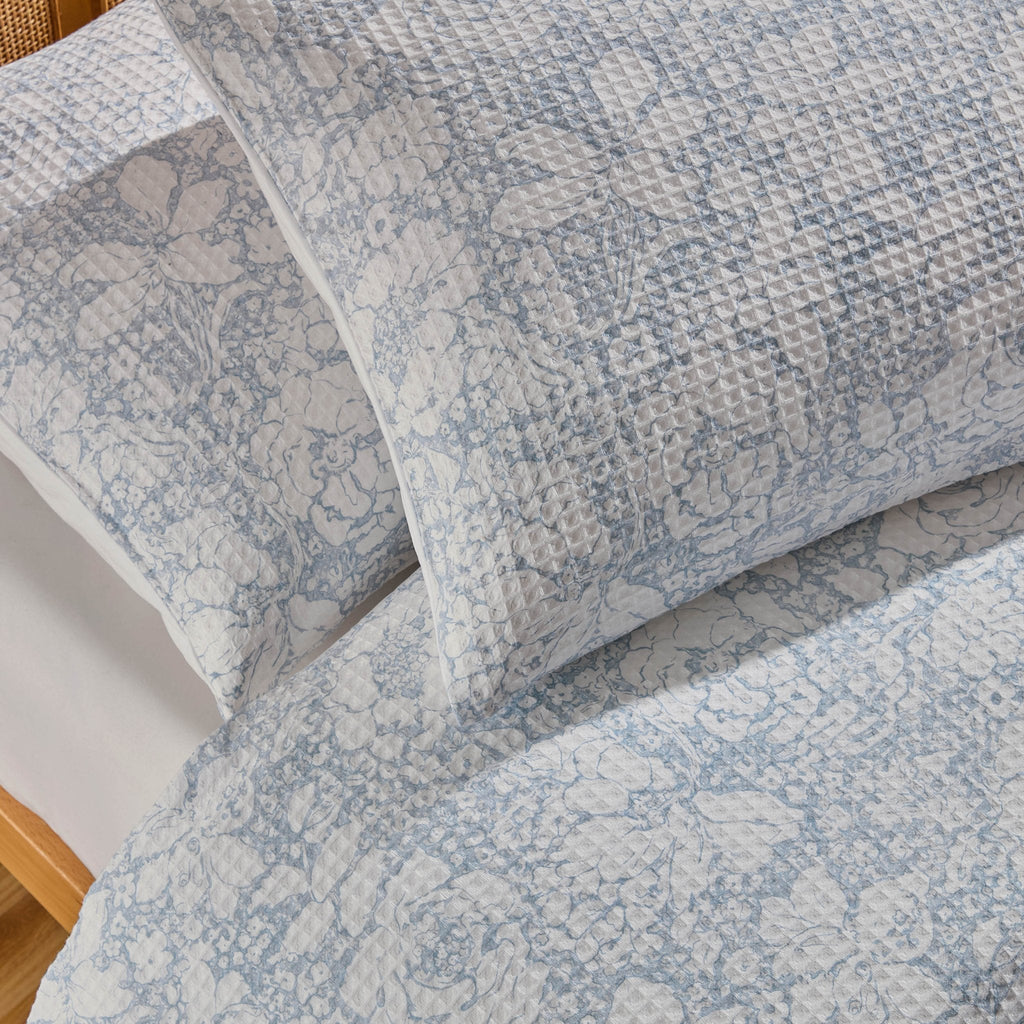 Dusklia - Iris Floral Printed Waffle Duvet Cover & Pillowcase Set - Blue