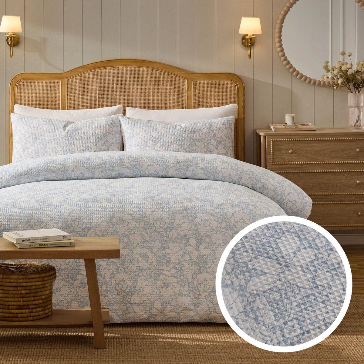 Dusklia - Iris Floral Printed Waffle Duvet Cover & Pillowcase Set - Blue