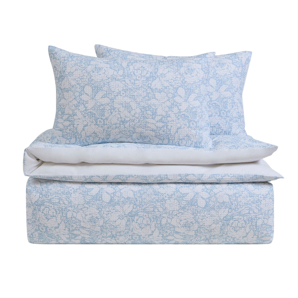 Dusklia - Iris Floral Printed Waffle Duvet Cover & Pillowcase Set - Blue