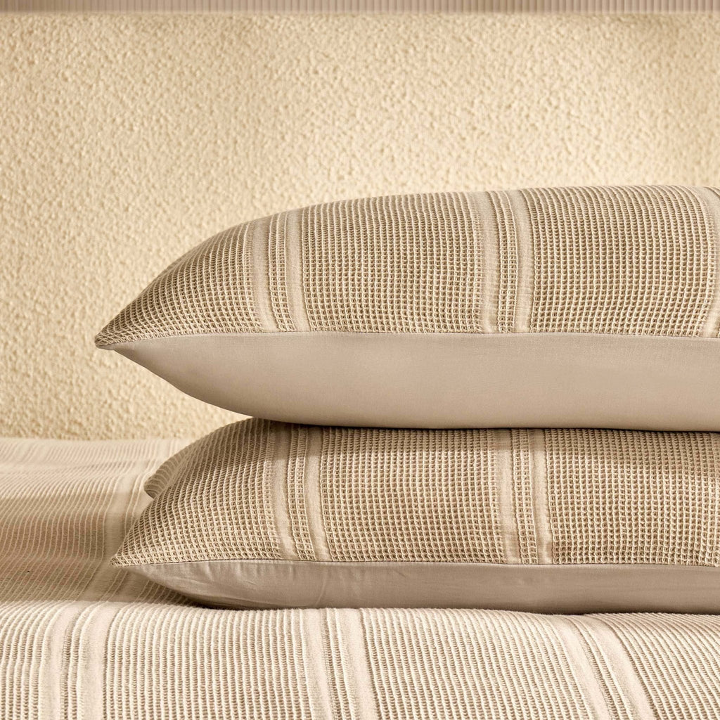 Dusklia - Jessie 100% Cotton Waffle Stripe Duvet Cover & Pillowcase Set - Stone