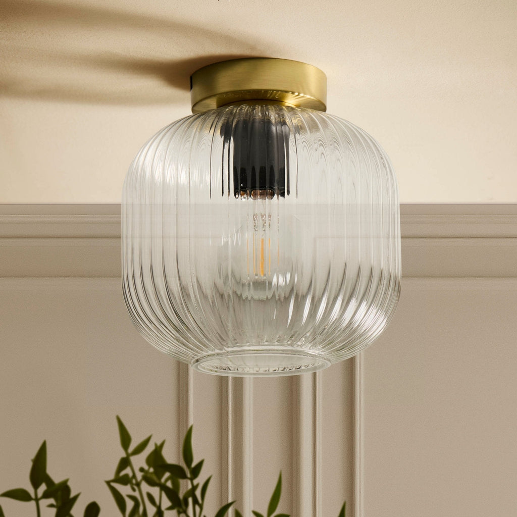 Dusklia - Jules Ribbed Glass Flush Ceiling Light - Clear/Gold
