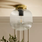 Dusklia - Jules Ribbed Glass Flush Ceiling Light - Clear/Gold
