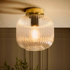 Dusklia - Jules Ribbed Glass Flush Ceiling Light - Clear/Gold