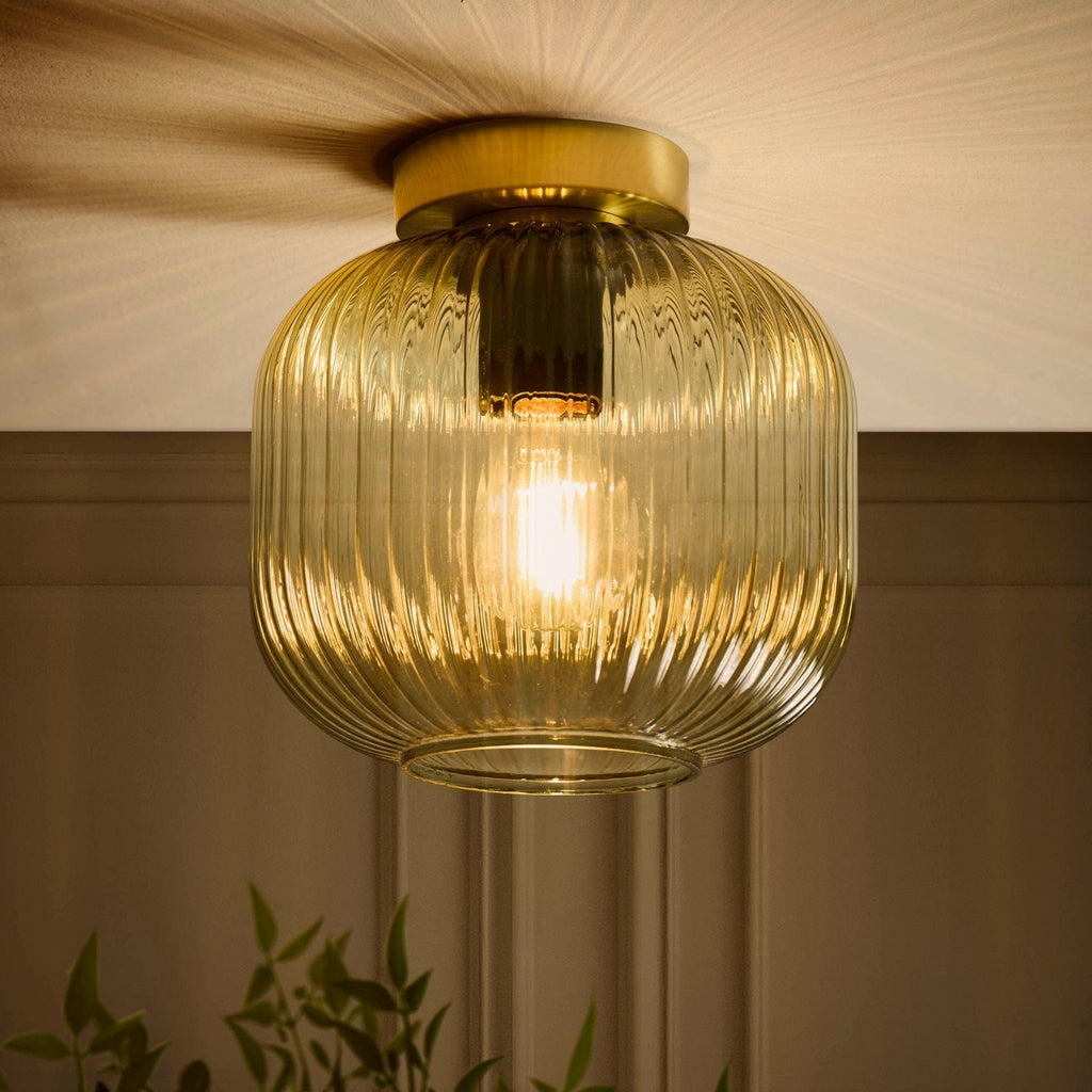 Dusklia - Jules Ribbed Glass Flush Ceiling Light - Green/Gold