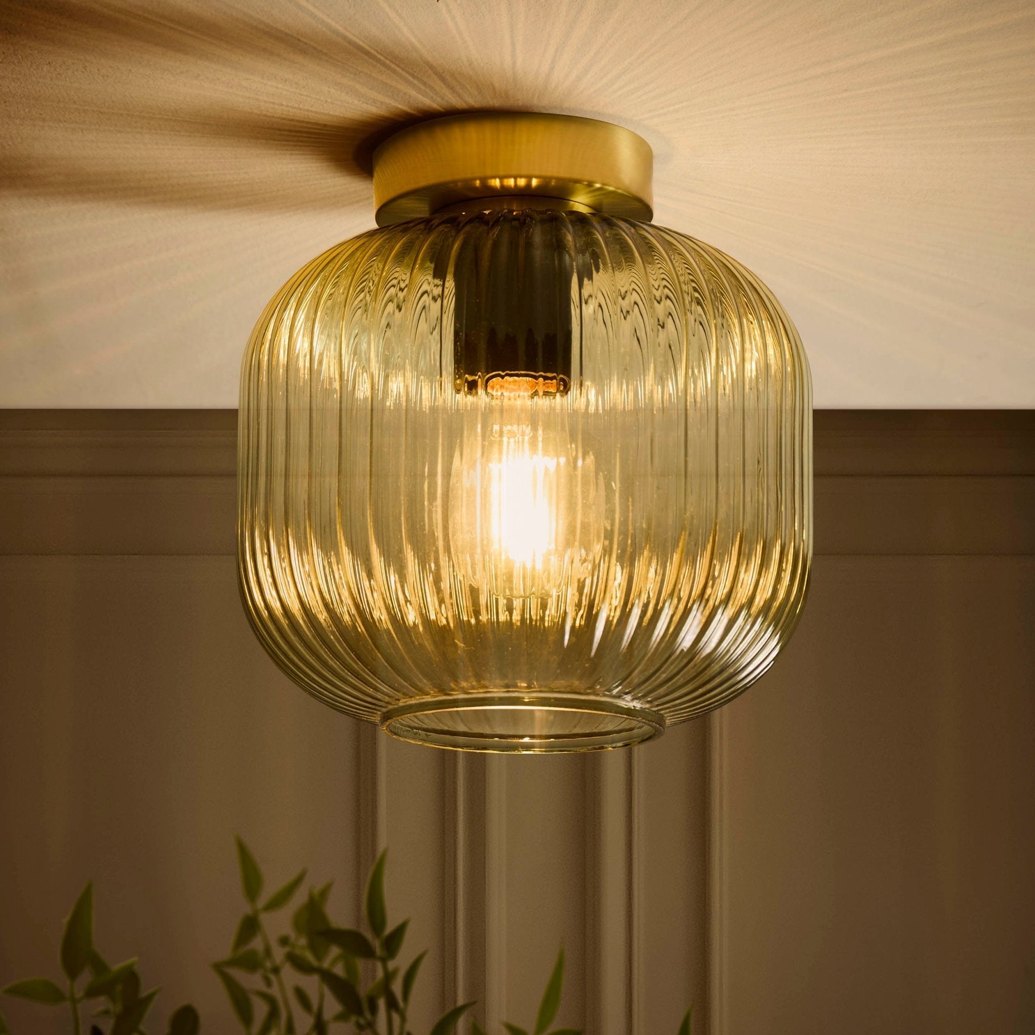 Dusklia - Jules Ribbed Glass Flush Ceiling Light - Green/Gold