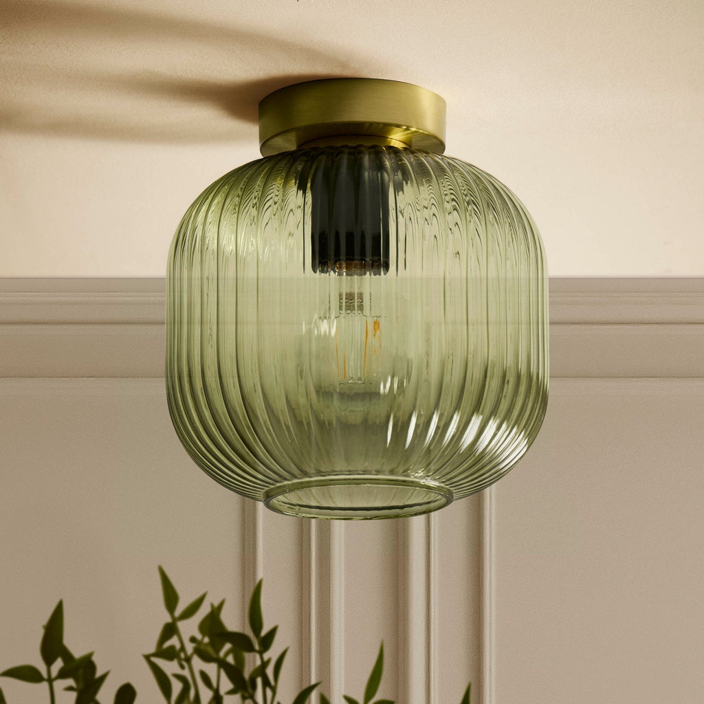 Dusklia - Jules Ribbed Glass Flush Ceiling Light - Green/Gold