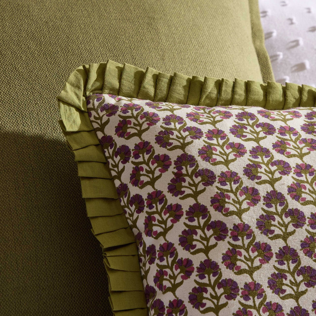 Dusklia - Julia 100% Cotton Box Pleat Edge Printed Cushion Cover - Purple/Green