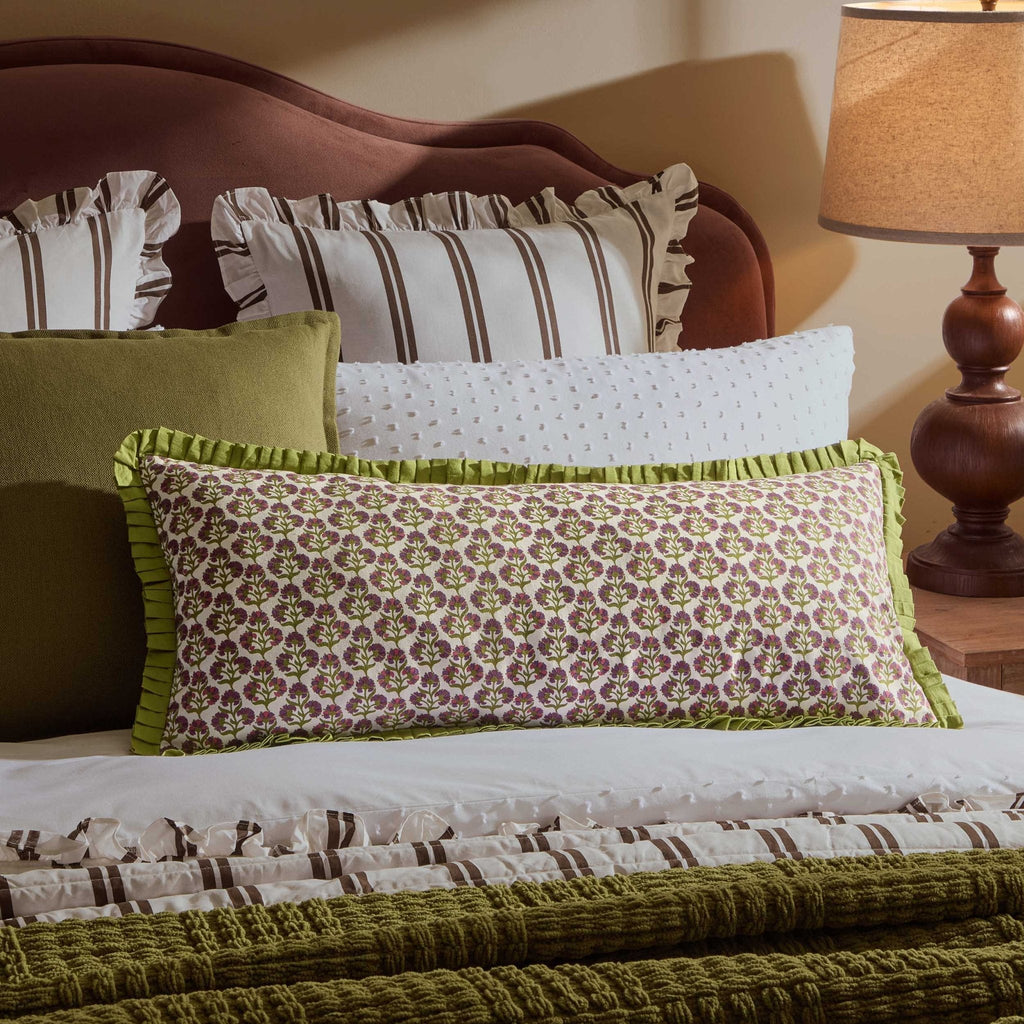 Dusklia - Julia 100% Cotton Box Pleat Edge Printed Cushion Cover - Purple/Green
