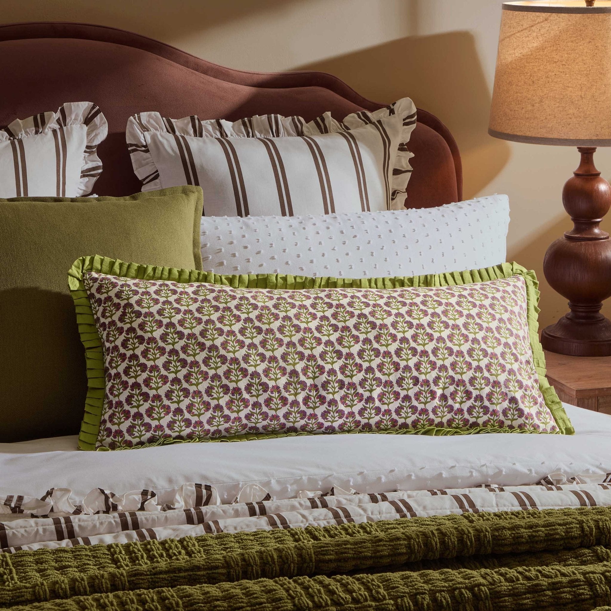 Dusklia - Julia 100% Cotton Box Pleat Edge Printed Cushion Cover - Purple/Green