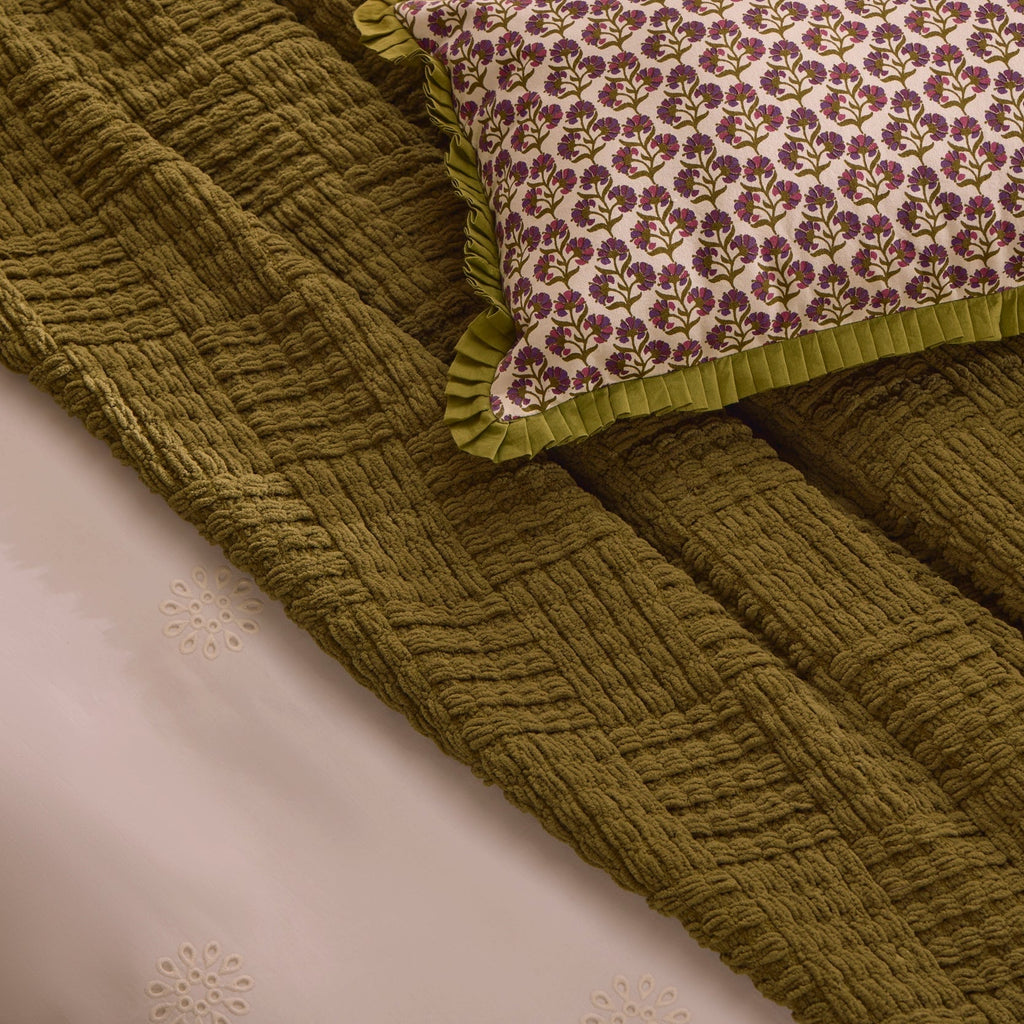 Dusklia - Julia 100% Cotton Box Pleat Edge Printed Cushion Cover - Purple/Green