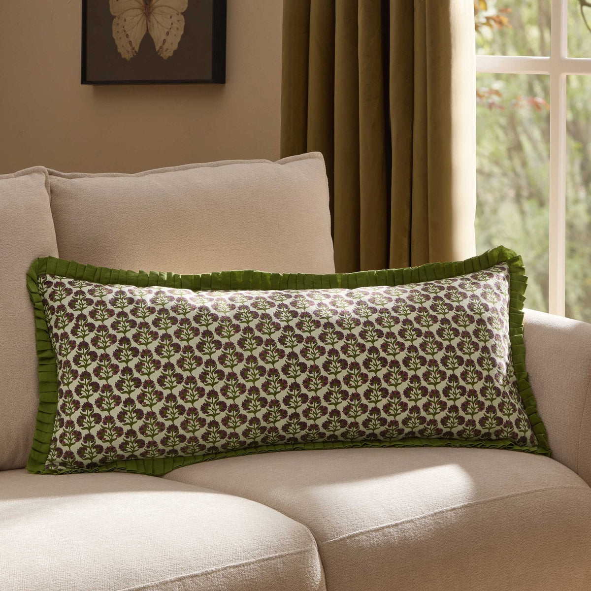 Dusklia - Julia 100% Cotton Box Pleat Edge Printed Sofa Cushion Cover - Purple/Green