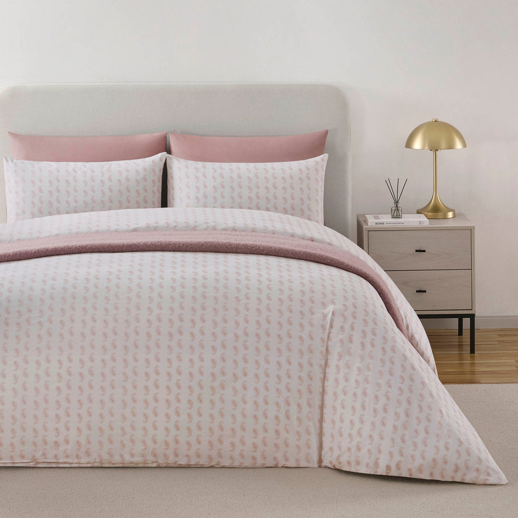 Dusklia - Kashmir 200 Thread Count Duvet Cover & Pillowcase Set - Paisley Print - White/Pink