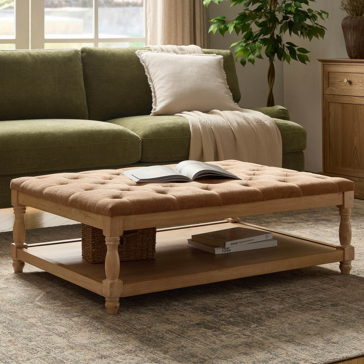 Dusklia - Knaresborough Button Back Coffee Table Pouffe - Chenille Caramel