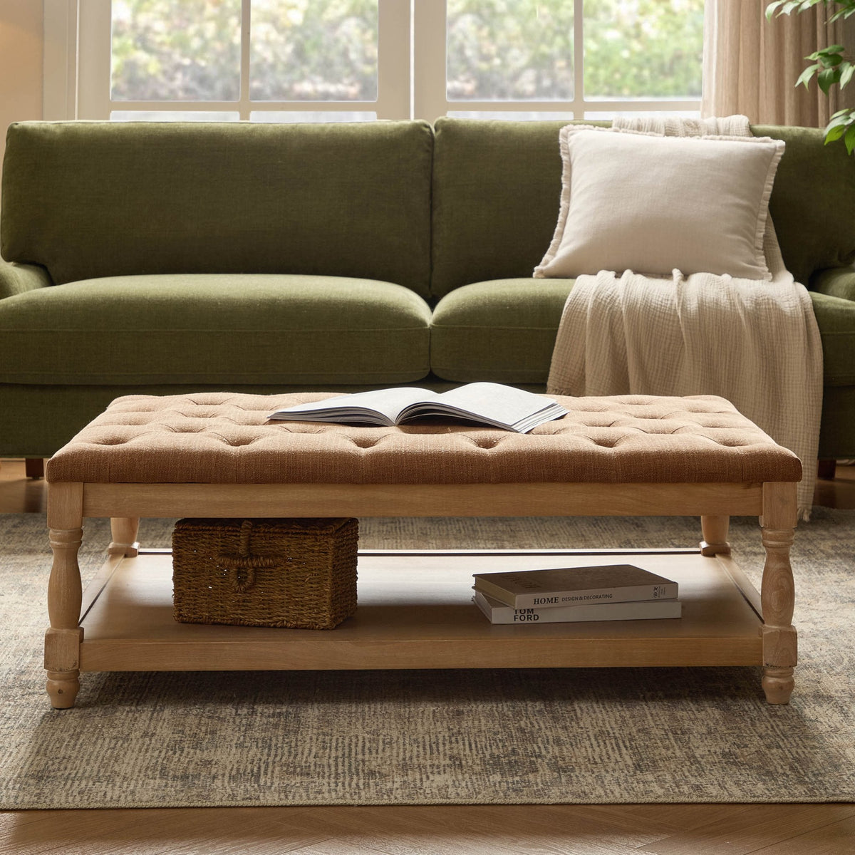 Dusklia - Knaresborough Button Back Coffee Table Pouffe - Chenille Caramel