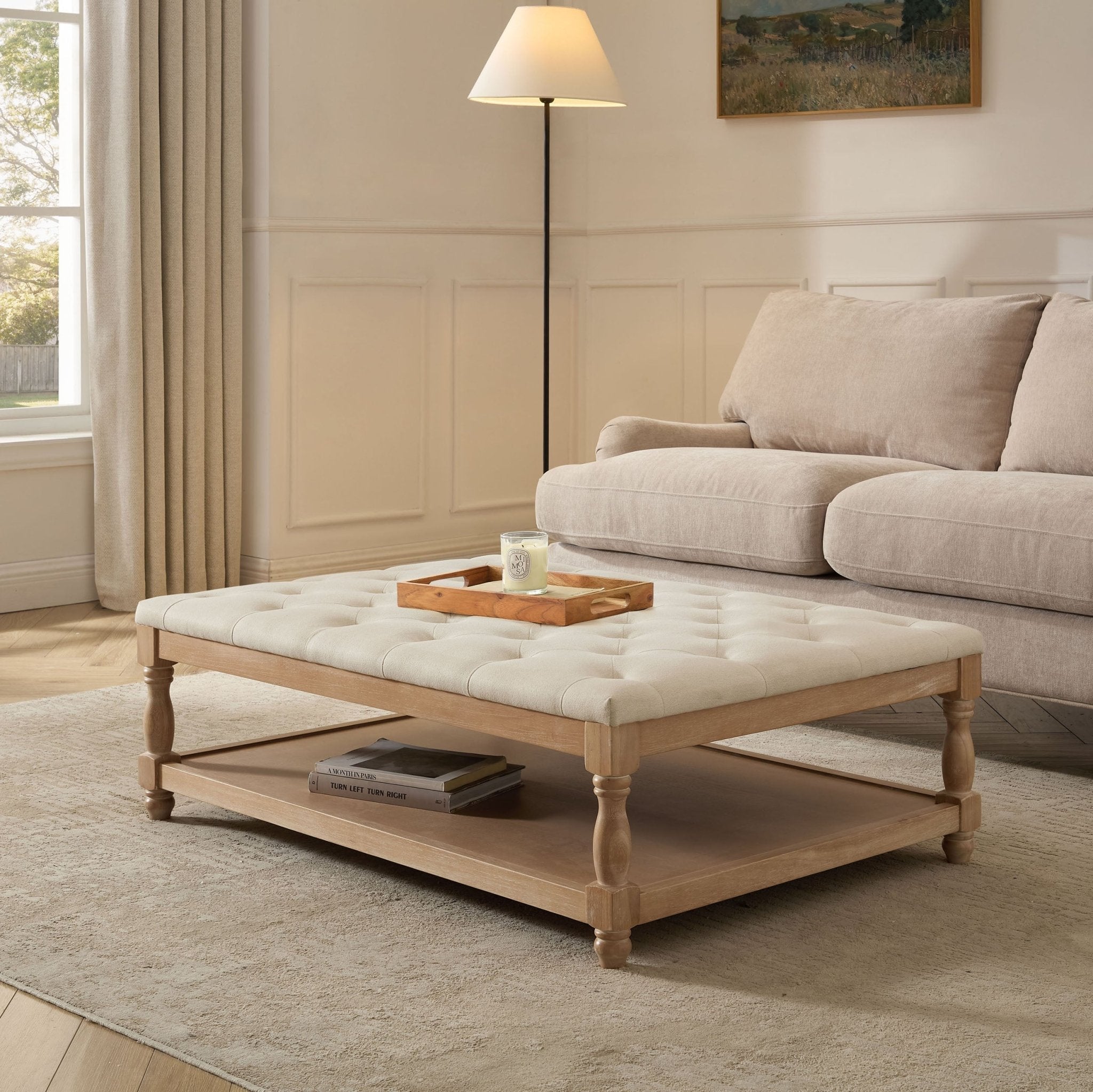Dusklia - Knaresborough Button Back Coffee Table Pouffe - Cream Linen