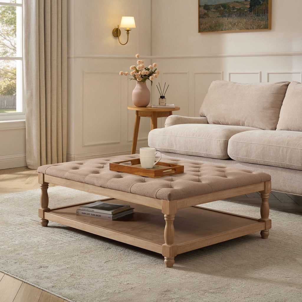 Dusklia - Knaresborough Button Back Coffee Table Pouffe - Oatmeal