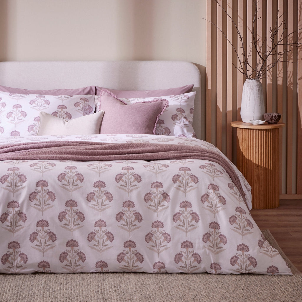 Dusklia - Kyoto 200 Thread Count Duvet Cover & Pillowcase Set - Lotus Flower - Heather