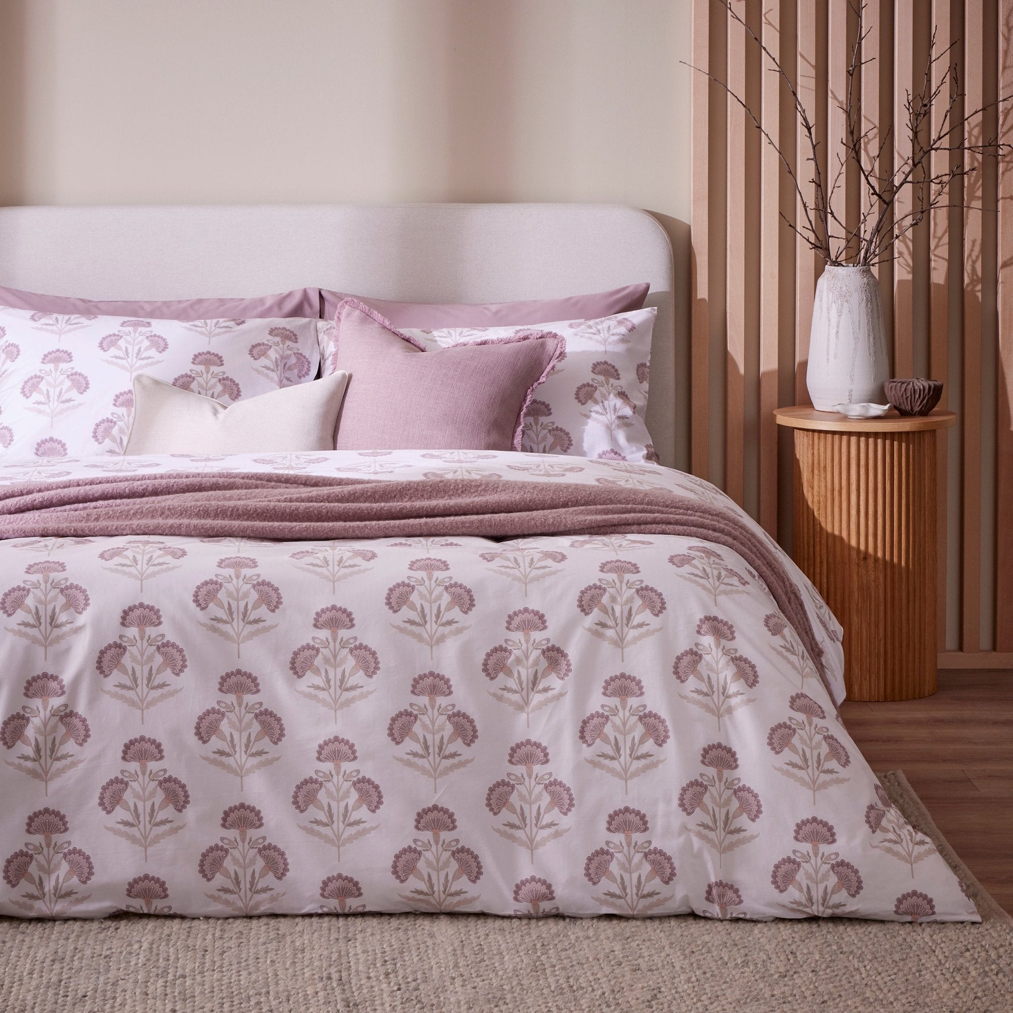 Dusklia - Kyoto 200 Thread Count Duvet Cover & Pillowcase Set - Lotus Flower - Heather