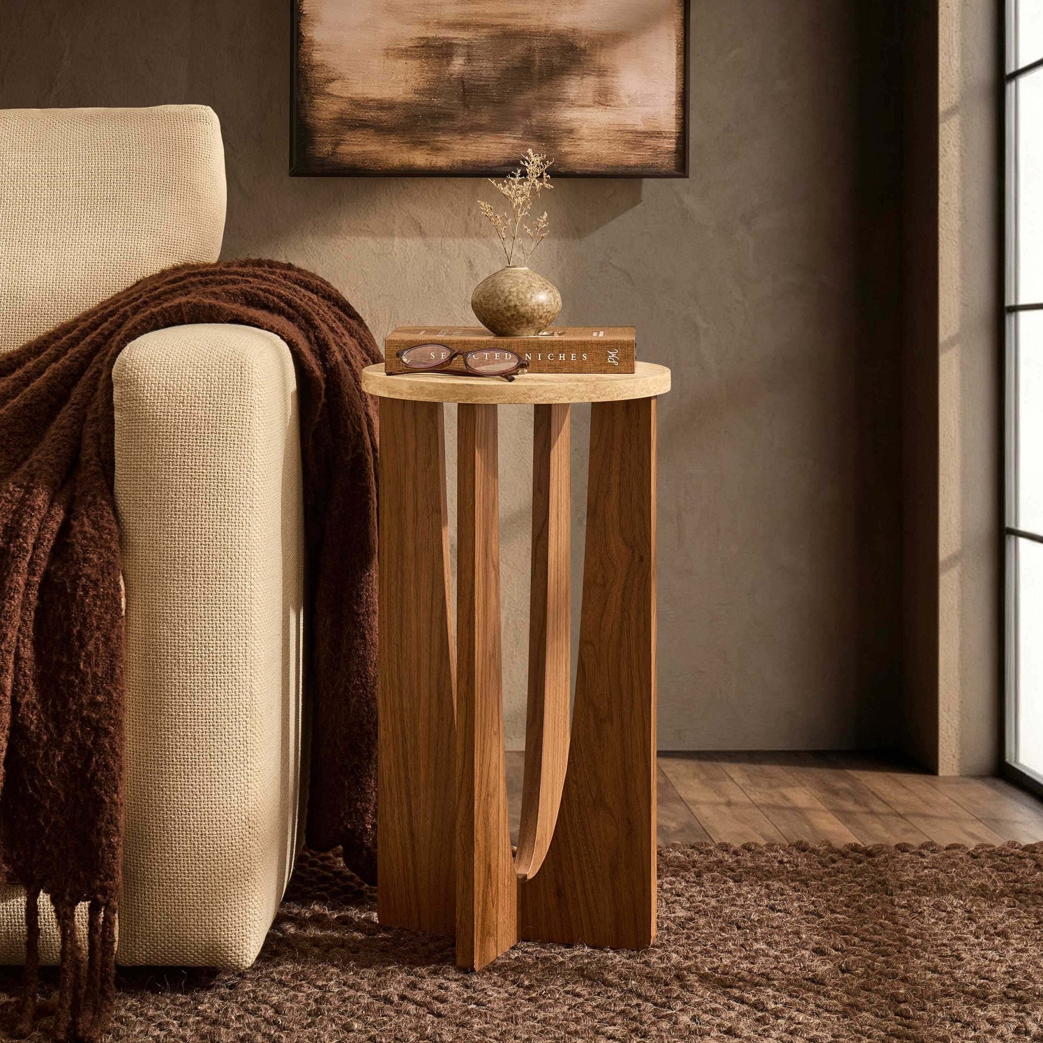 Table d'appoint ronde Lana - Effet bois moyen/travertin