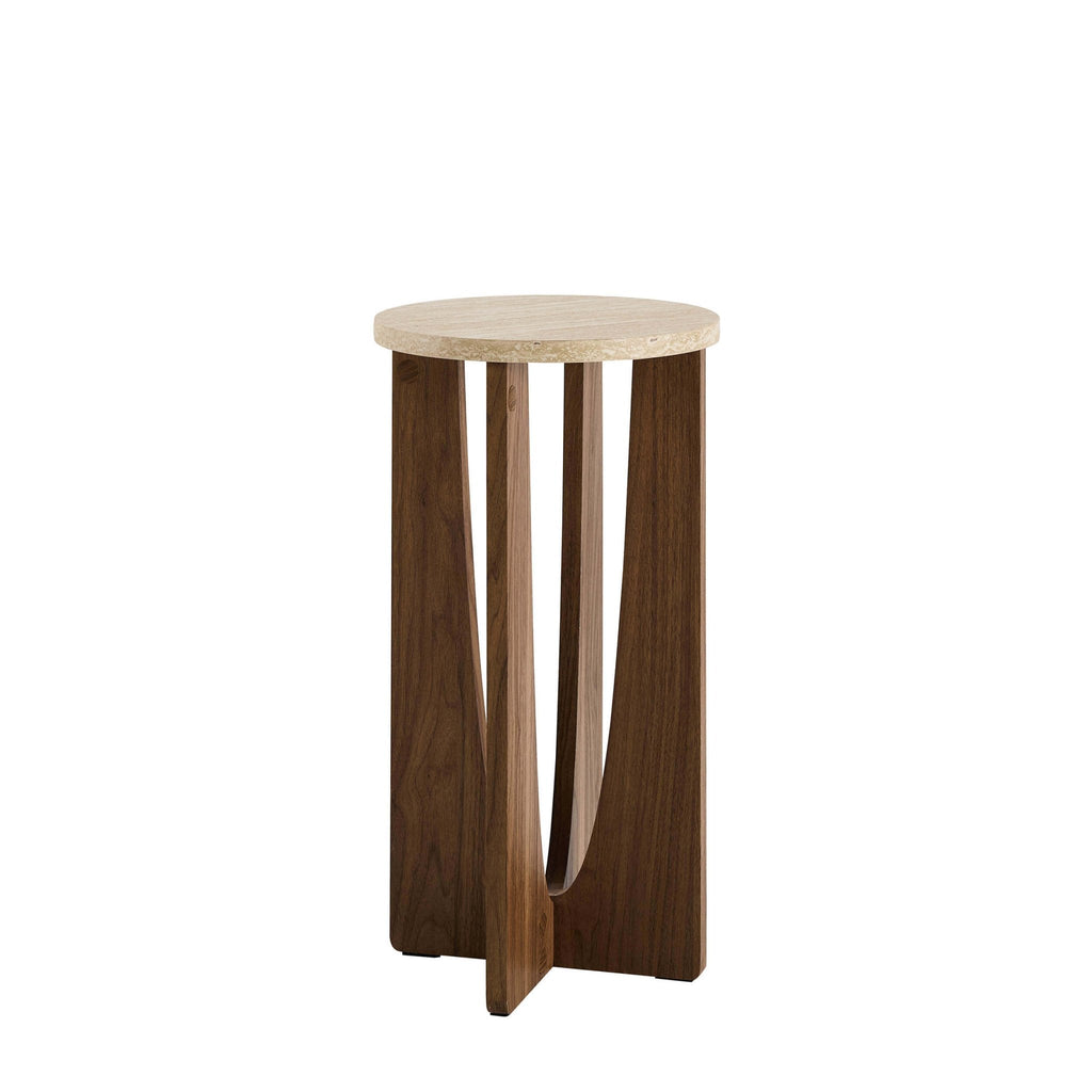 Table d'appoint ronde Lana - Effet bois moyen/travertin