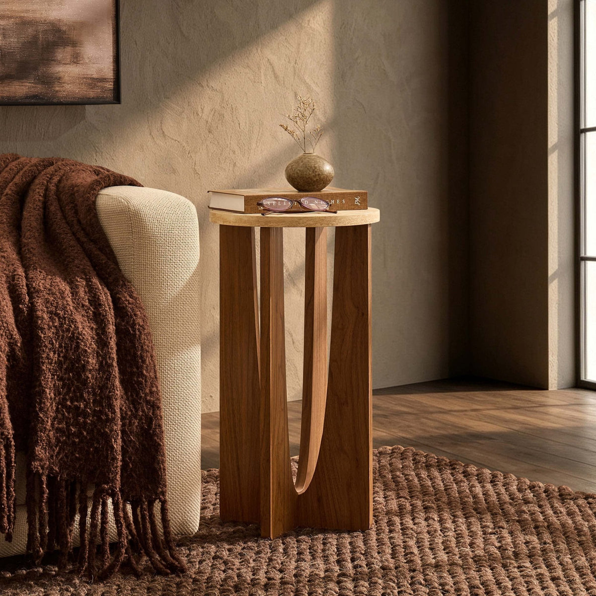 Dusklia - Lana Round Side Table - Mid Wood/ Travertine Effect