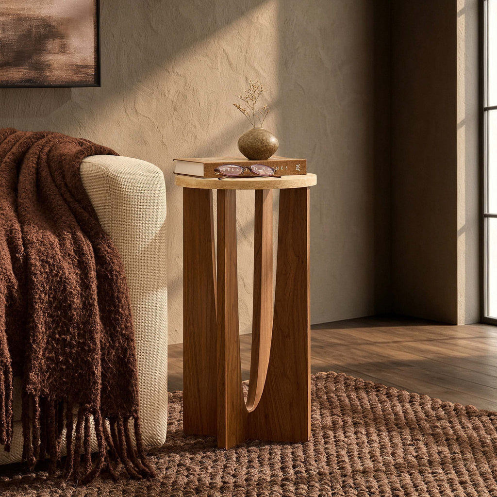 Table d'appoint ronde Lana - Effet bois moyen/travertin