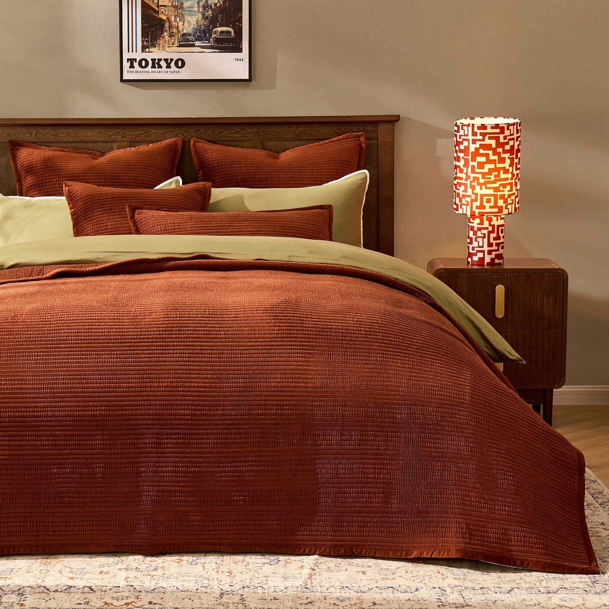 Dusklia - Leona Luxury Quilted Velvet Bedspread - Rust