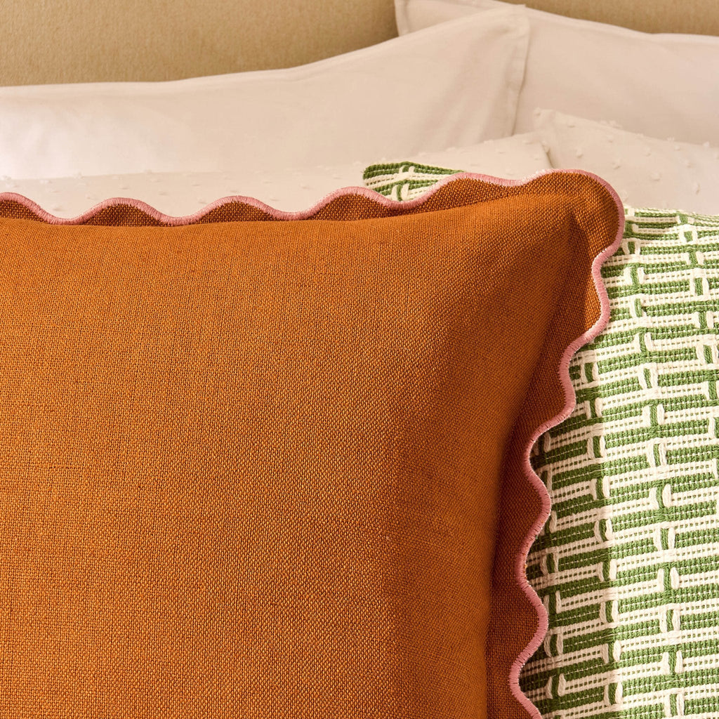 Dusklia - Linen Blend Scallop Edge Cushion Cover - Orange/Pink