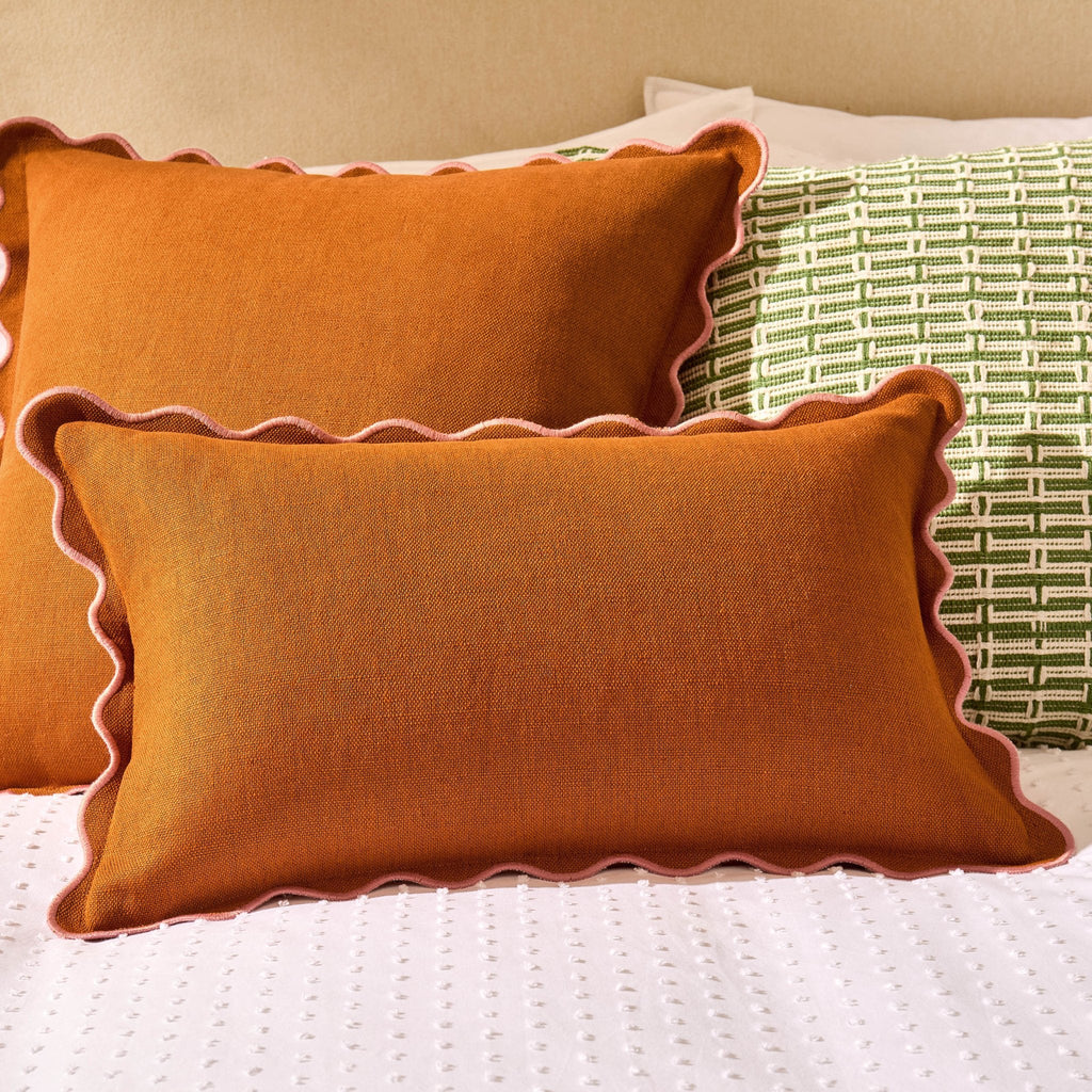 Dusklia - Linen Blend Scallop Edge Cushion Cover - Orange/Pink