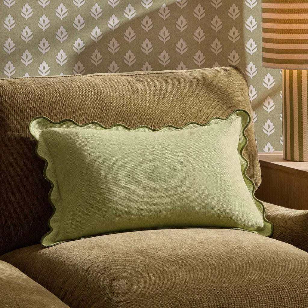 Dusklia - Linen Blend Scallop Edge Sofa Cushion Cover - Green