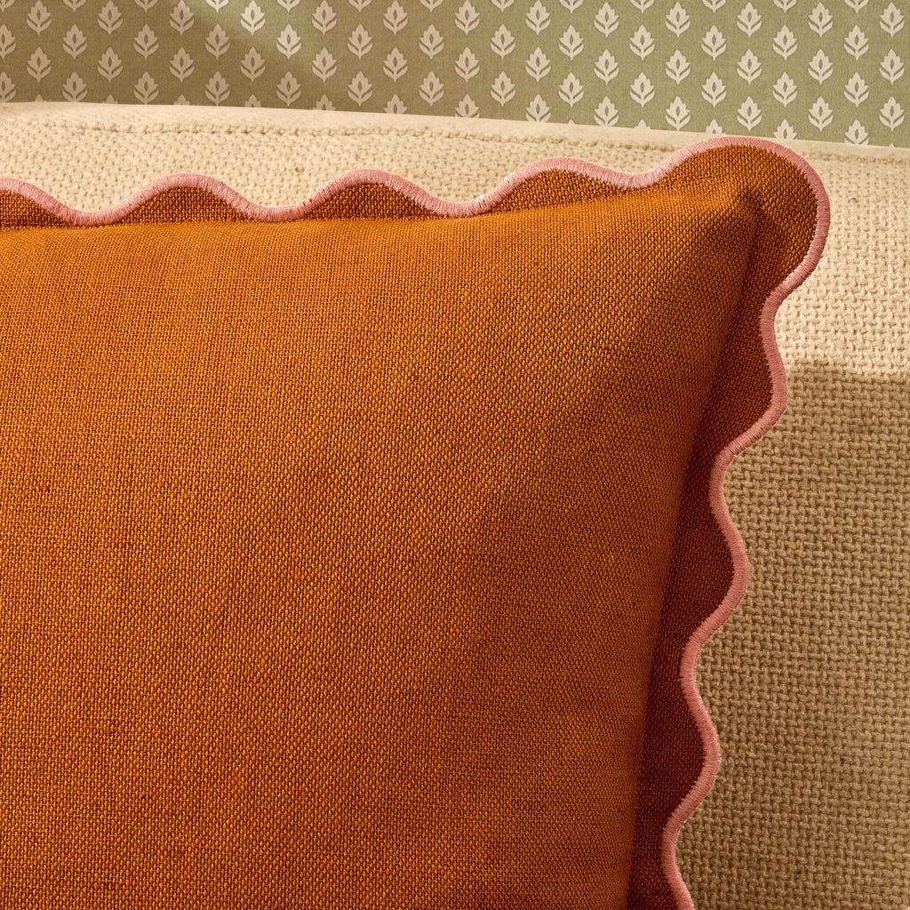 Dusklia - Linen Blend Scallop Edge Sofa Cushion Cover - Orange/Pink
